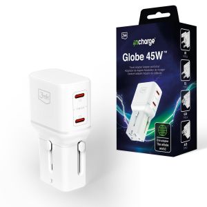 3mk incharge® Globe 45W™ GaN Chargeur de voyage Blanc – 210 Pays, PD, QC4+, PPS, SCP